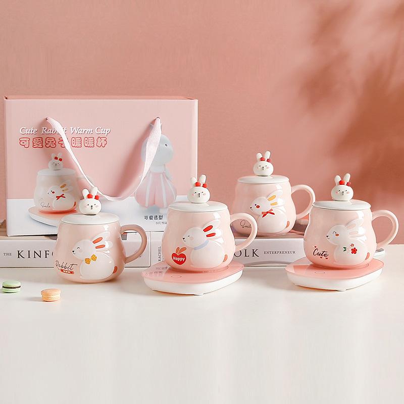 Rabbit Warm Warm Constant Temperature Cup Heating Coaster Insulated Ceramic Cup Cute Gift Water Cup Souvenir Set