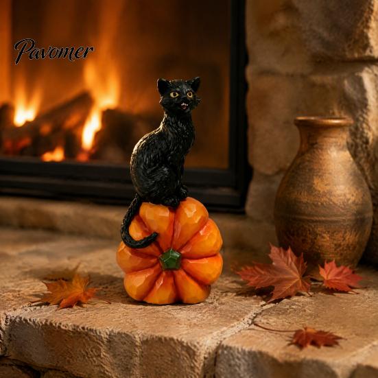 Black Cat Sculpture with Pumpkin Halloween Ornament, Vintage Wood Carving Style Decorative Resin Crafts for Entrance Figurine, Spooky Tabletop