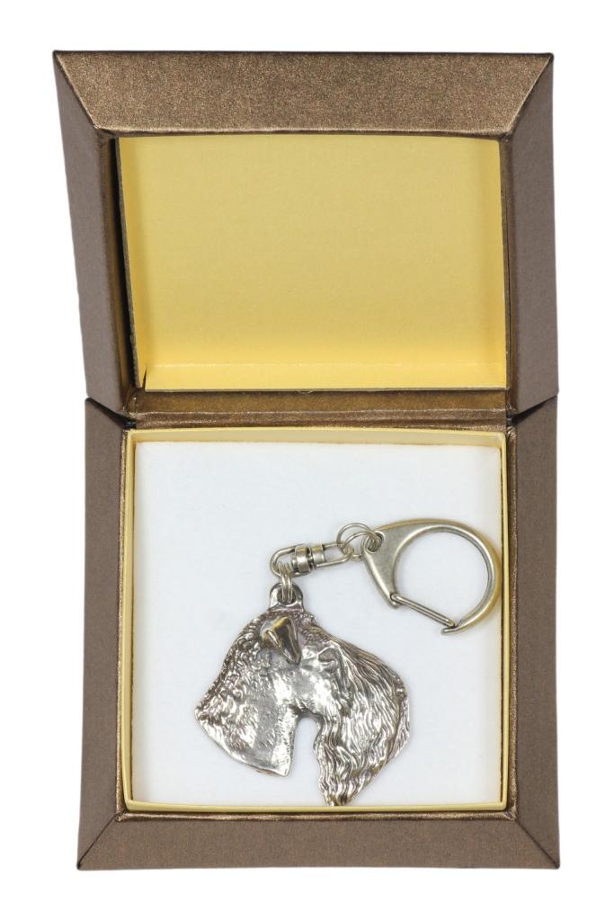 Kerry Blue Terrier, Irish Blue Terrier - Silver-plated key ring with a dog in a gift box, handbag decoration, backpack pendant by Art-Dog brand