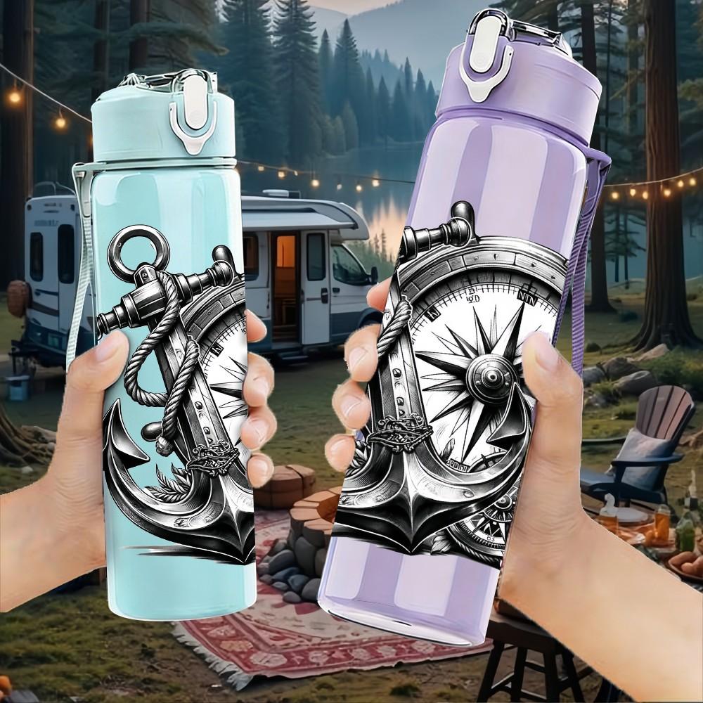 1PC Anchor Ship Gear Nautical Print 750ml Color Plastic Sports Water Bottle Leakproof Flip Straw Lid Suitable for Sports Office Home Use