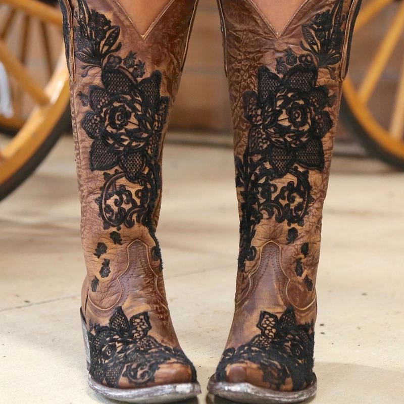 Fashion Western Style Women's Pointed Large Embroidered Rose High Heels Vintage Old Women's Boots High Barrel Western Boots