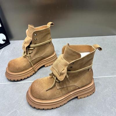 Stivali da Donna in Camoscio 2025 Autunno/Inverno Nuovo Stile Stile Britannico Suola Spessa Rialzanti Stivaletti Scarpe da Donna Retrò