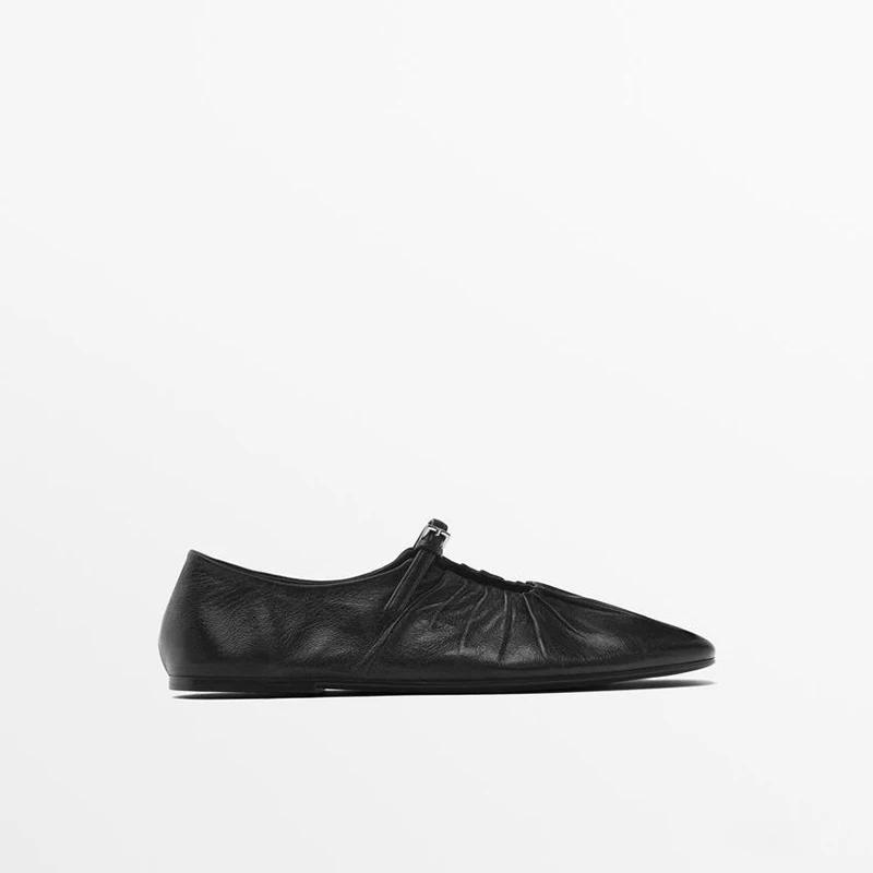 Fashion Women Ballet Flats Shoes Soft Full-Grain Leather Black Buckle Strap Casual Low Heels Wedding Dress Shoes