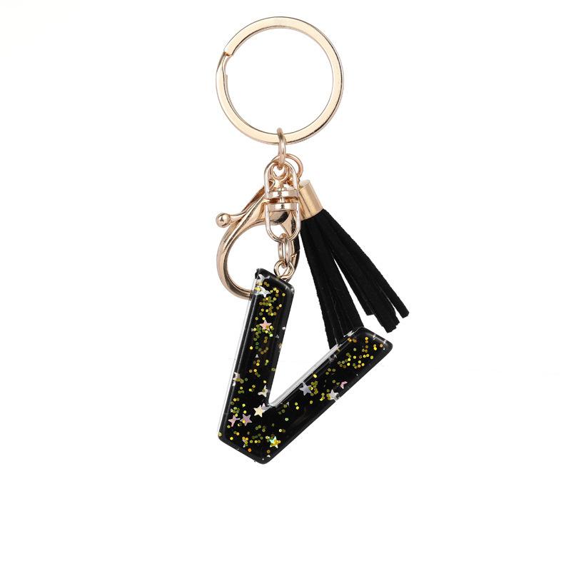 Black Glitter Star Sequins Resin 26 Letters Keychain Initials A-Z Keyring Tassel Charm Accessories Backpack Hanging Decoration