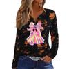 Women's Casual Halloween Print V-Neck Long Sleeve T-Shirt with Decorative Buttons