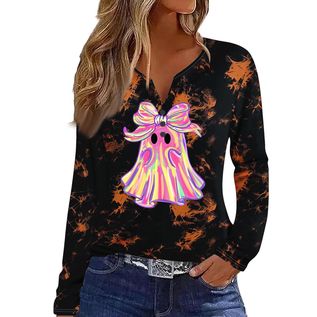Women's Casual Halloween Print V-Neck Long Sleeve T-Shirt with Decorative Buttons
