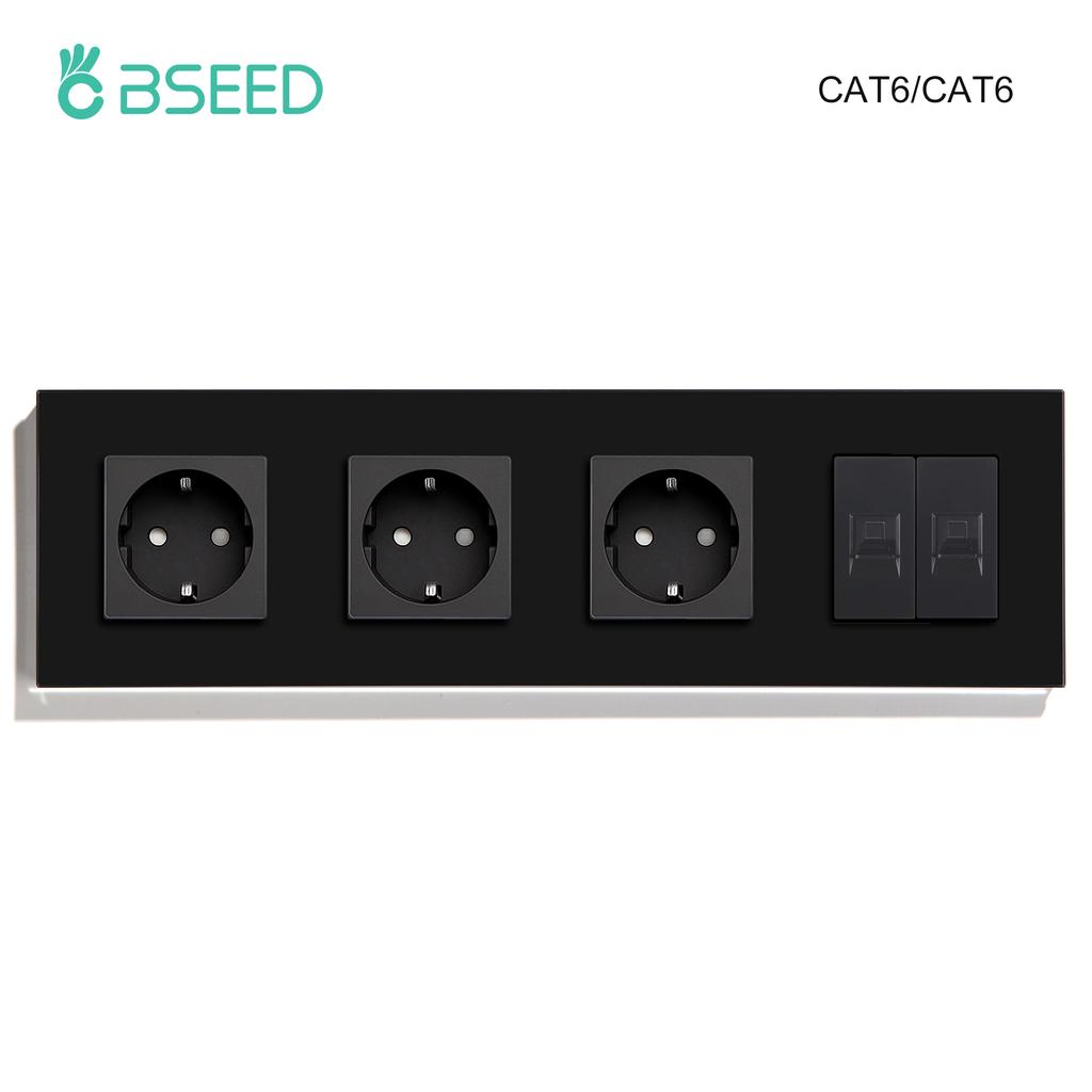 BSEED Dual Internet Sockets CAT6 Wall Socket EU Power Sockets Plus Network PC Data Computer Connecter Outlets Glass Panel