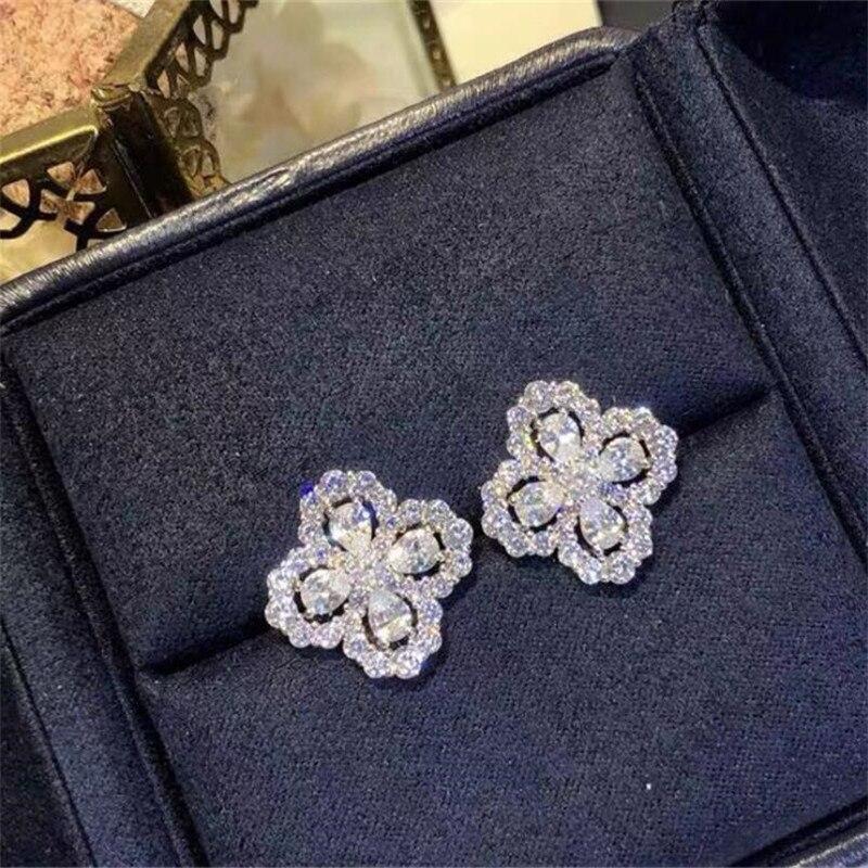 New Arrival Unique  Four Leaf Luxury Jewelry Pear Cut White Topaz 925 Sterling Silver CZ Diamond Classic Women Stud Earring