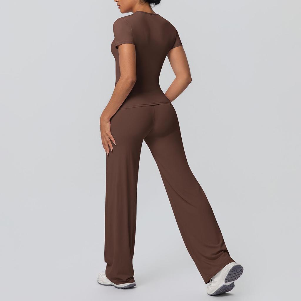 Tvådelad Enfärgad Yoga-dräkt: Dubbelsidig borstad långärmad topp med vida byxor för träning, löpning och fitness