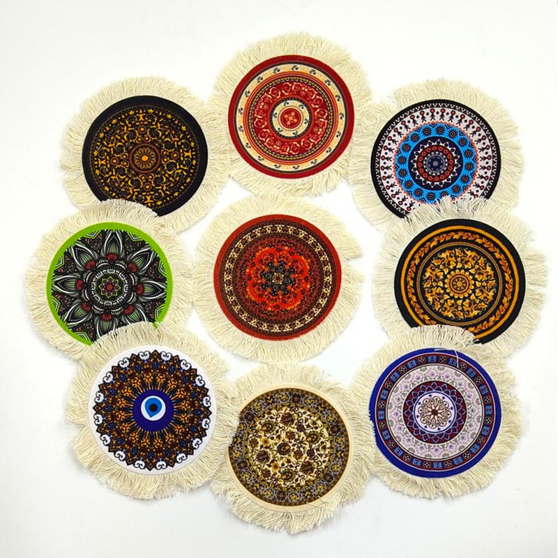 1PC Multi-Use Heat-Resistant Coaster Artisanal Round Durable Mat Non-Slip Ethnic Style Bohemian Coffee Washable 10cm