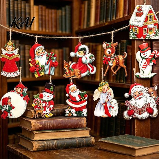 Lightweight Wood Hanging Ornaments Retro Wooden Christmas Ornaments, Xmas Tree Pendants with Rope, Rustic Santa Claus Holiday Party Supplies