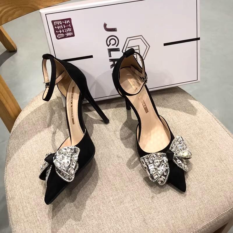 Rhinestone bow bag head sandals new beige stiletto high heels elegant French pointed shoes 36
