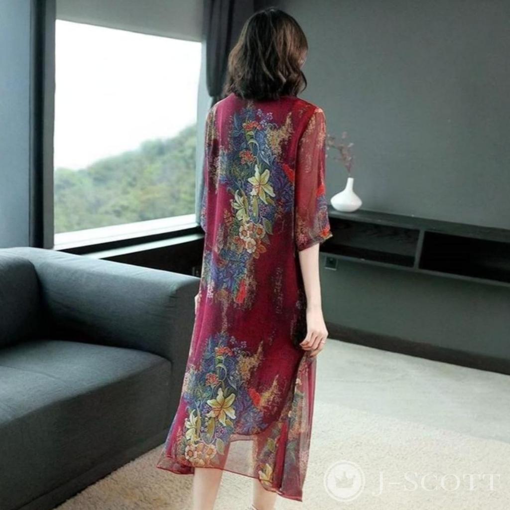 J-Scott Damen A-Linien Chiffonkleid mit Blumendruck, Rundhalsausschnitt, asymmetrischem Saum und 3/4-Ärmeln, Rot, JS15-RD-L