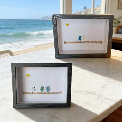 Cornice Portafoto Vetro di Mare Decorazione Casa 7,6 Pollici Uccelli in Vetro di Mare Fatti a Mano Opera d'Arte Cornice in Legno Decorazione Artistica Unica in Vetro di Mare Regalo per Inaugurazione Casa per Amico