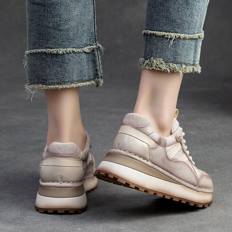 Johnature Genuine Leather Sneakers Casual Sports Shoes Round Toe Lacd-up Retro Versatile Women's Flat Shoes