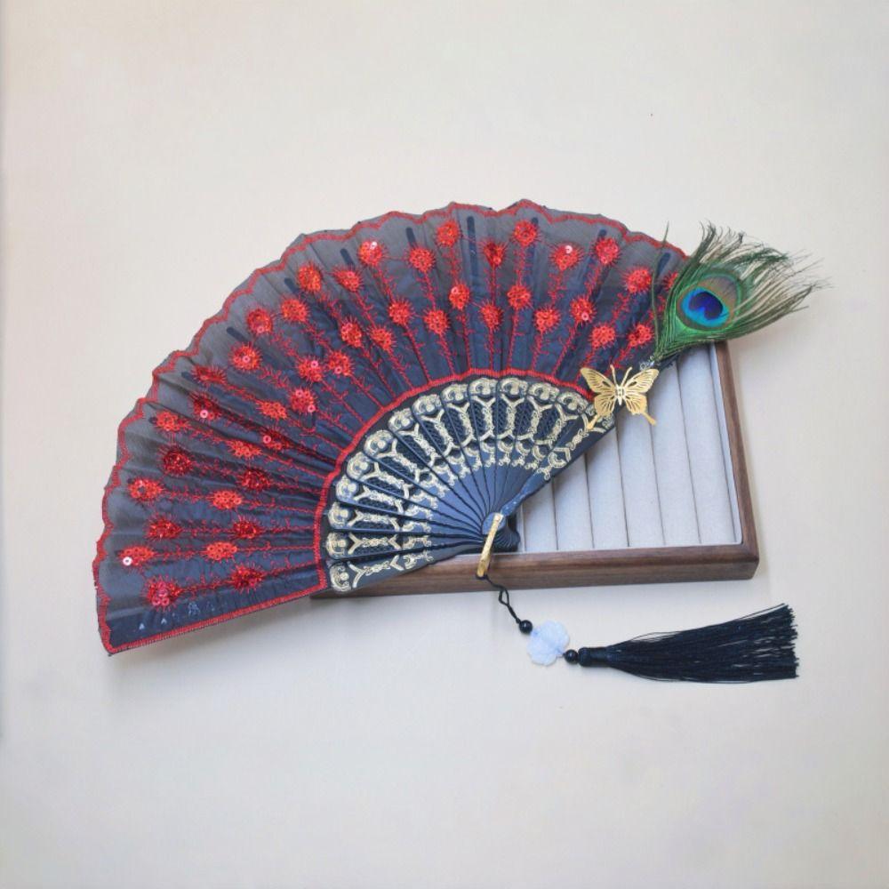 Portable Peacock Feather Folding Fan Exquisite Dance Hand Fans  Wedding Party Decor