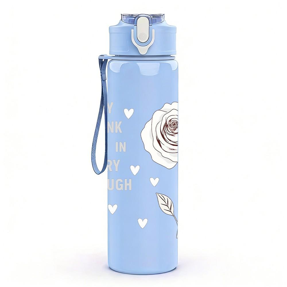 1PC White Rose Flower Quote Pattern 750ml Color Plastic Sports Water Bottle Leakproof Flip Straw Lid Suitable for Sports Office Home Use