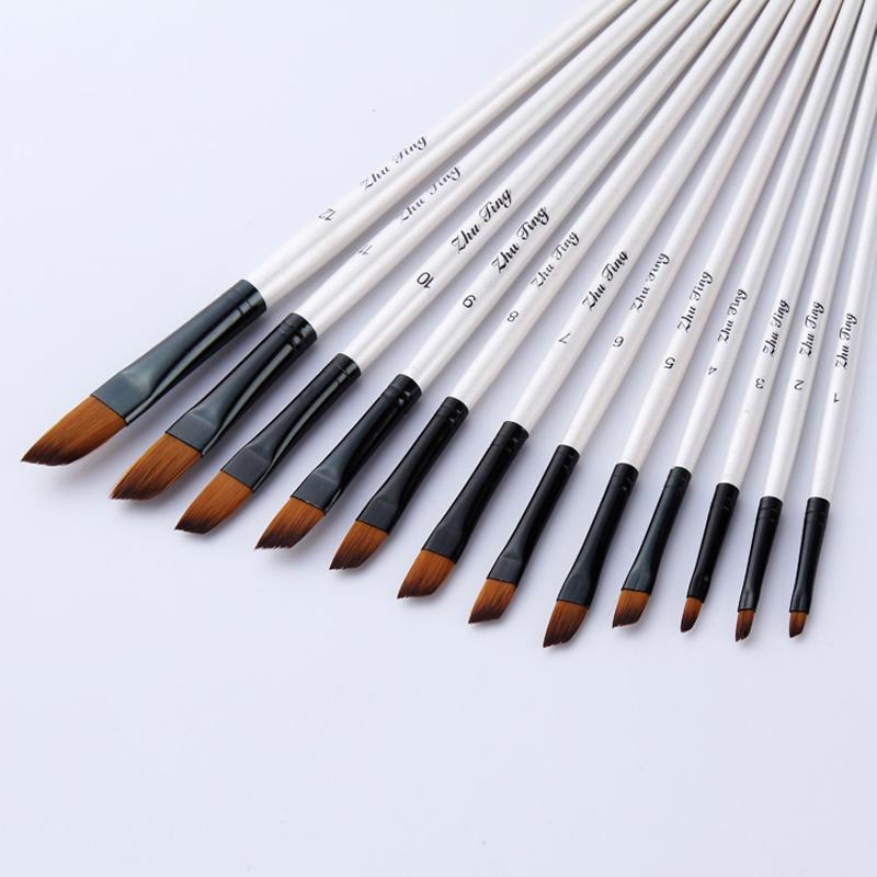 12 Pcs Nylon Hair Watercolor Brush Set Wooden Handle for DIY Oil Acrylic Painting Art Supplies