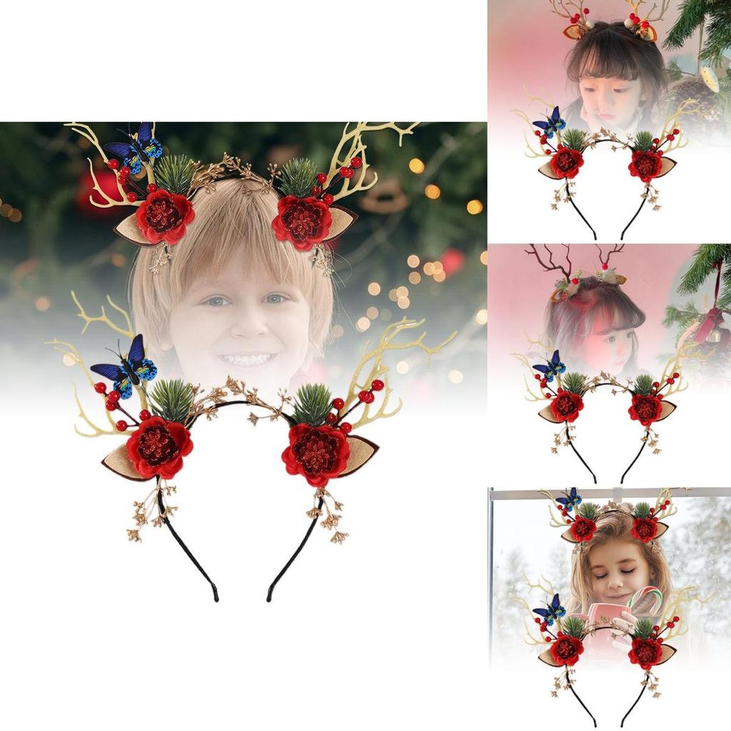 Enchanting Forest Style Antler Headband With Faux Flowers For Christmas Celebrations