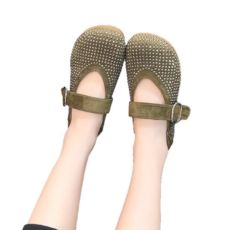 New Rhinestone Large Size Rhinestone Rivet Single Shoes Full Diamond Belt Buckle Round Head Flat Bottom Fashion Women's Single Shoes