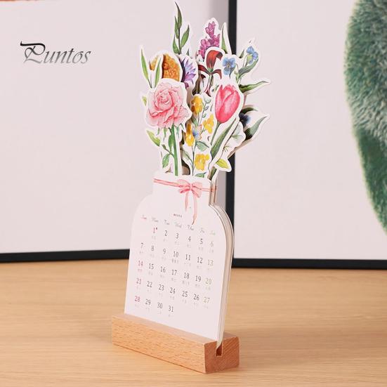 2025 Bloomy Flower Calendar Bloomy Flowers Desk Calendar with Wooden Base Daily Schedule Planner for Bookmark Postcard Wall Decoration