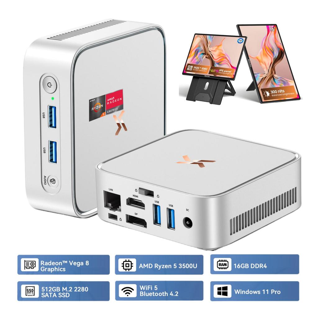 HUIDUN H80 3500U Avec Clavier QWERTY Mini PC avec AMD Ryzen™ 5 16 Go de RAM + 512 Go de SSD AMD Radeon™ RX Vega 8 Windows 11 Pro