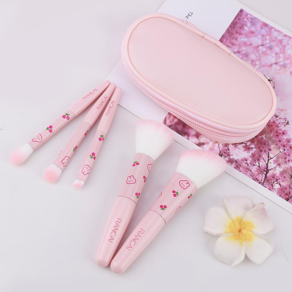 5Pcs Cute Compact Makeup Brush Set With Case Premium Brush for Flawless Foundation, Blush, Eyeshadow Application Beauty Tools