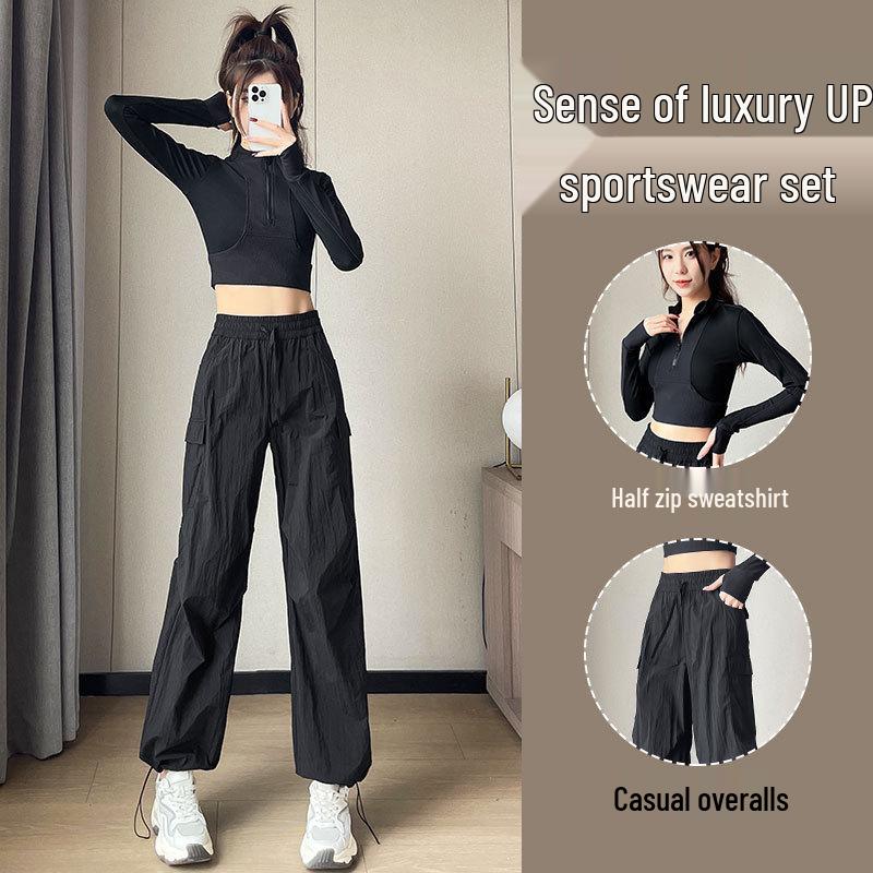 2024 Damen Schnelltrocknendes Freizeit-Sportbekleidungsset: Morgenlauf- & Yoga-Top mit lockeren Cargohosen