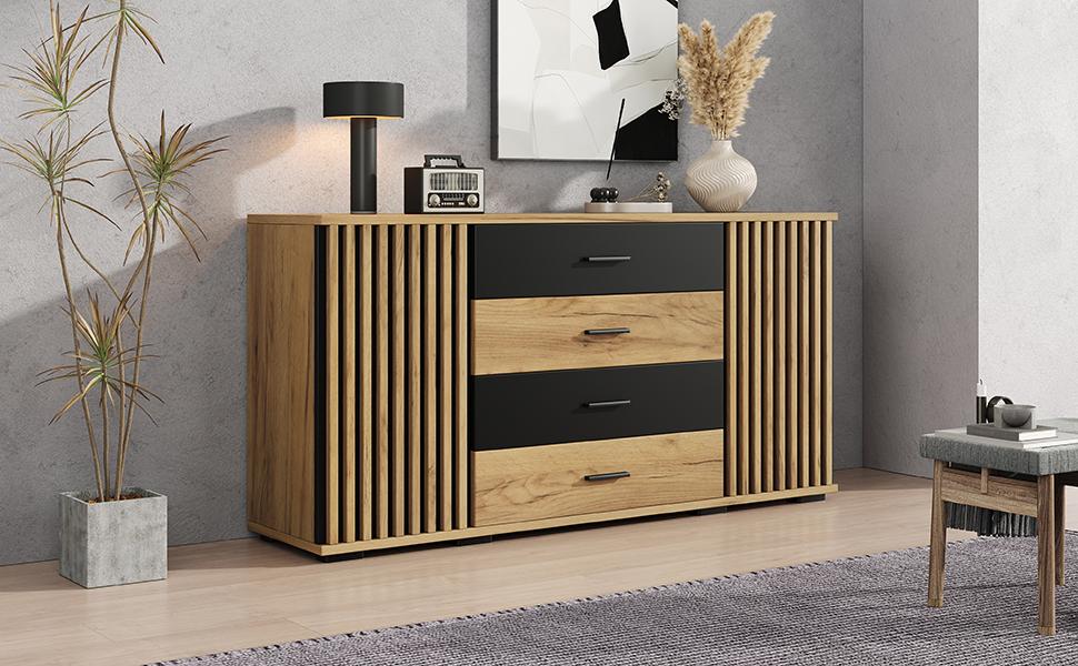 Μπουφές 140x35x70cm, MDF, 4 Συρτάρια & 2 Πόρτες, Όψη Κάθετης Αυλακώσης, Ρυθμιζόμενα Ράφια, Δρυς-Μαύρο, Ντουλάπι Αποθήκευσης για Σαλόνι Τραπεζαρία