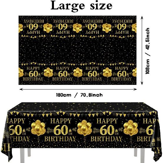 3Pcs 60th Birthday Tablecloth Decorations 60 Year Old Birthday Decorations Black Gold Happy 60 Birthday Table Cloth Rectangle Table Decorations 60th