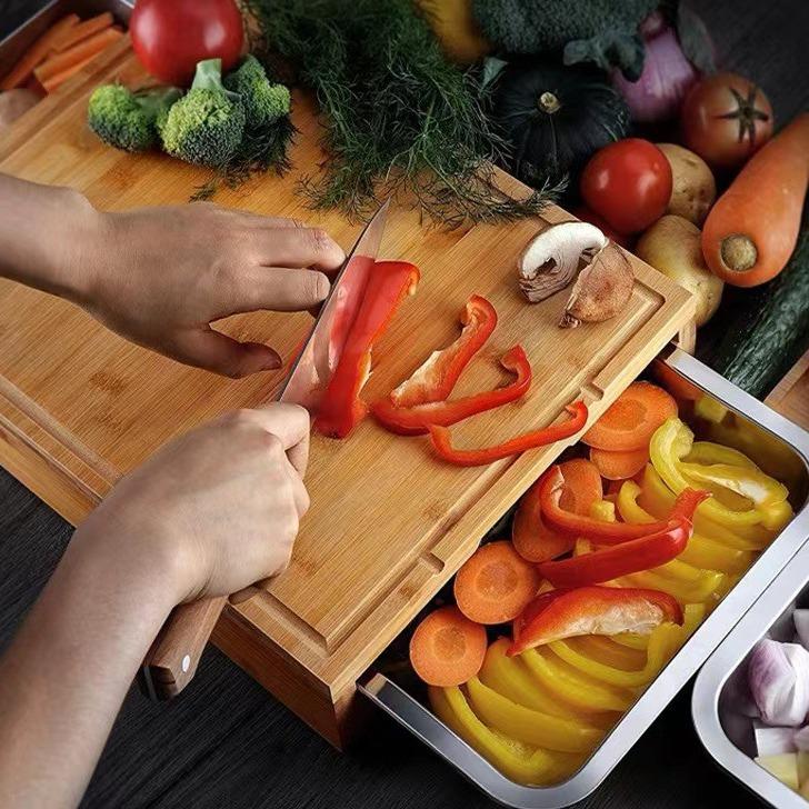 Wooden Pull-out Cutting Board with Stainless Steel Tray for Fruits, Vegetables, and Meat.