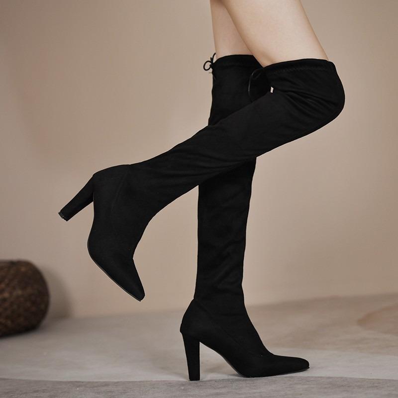 Autumn and winter new large-size women's shoes elastic over-the-knee boots high tube pointed thick heel heightening shoes women
