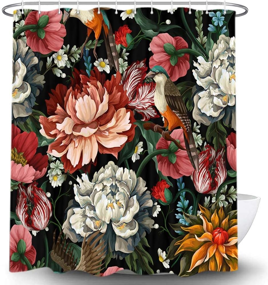 Black Boho Floral Shower Curtain, Unique Colorful Bohemian Mandala Beautiful Dark Flower Leaves Bathroom Curtain, Mid Century Sp