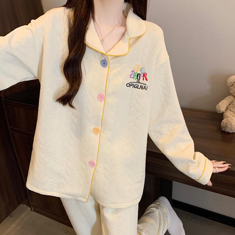 Women's Korean Style Thickened Cotton Pajama Set - Long Sleeve for Autumn/Winter, Simple Design, Home & Outdoor Wear.