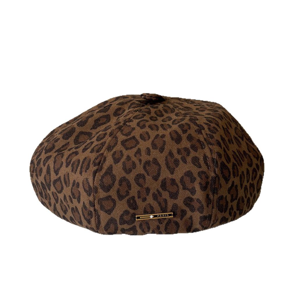 Personalized Spice Girl Wind Leopard Print Brown Beret Ladies Autumn and Winter Vintage Octagonal Hat Versatile Fashion Painter Hat