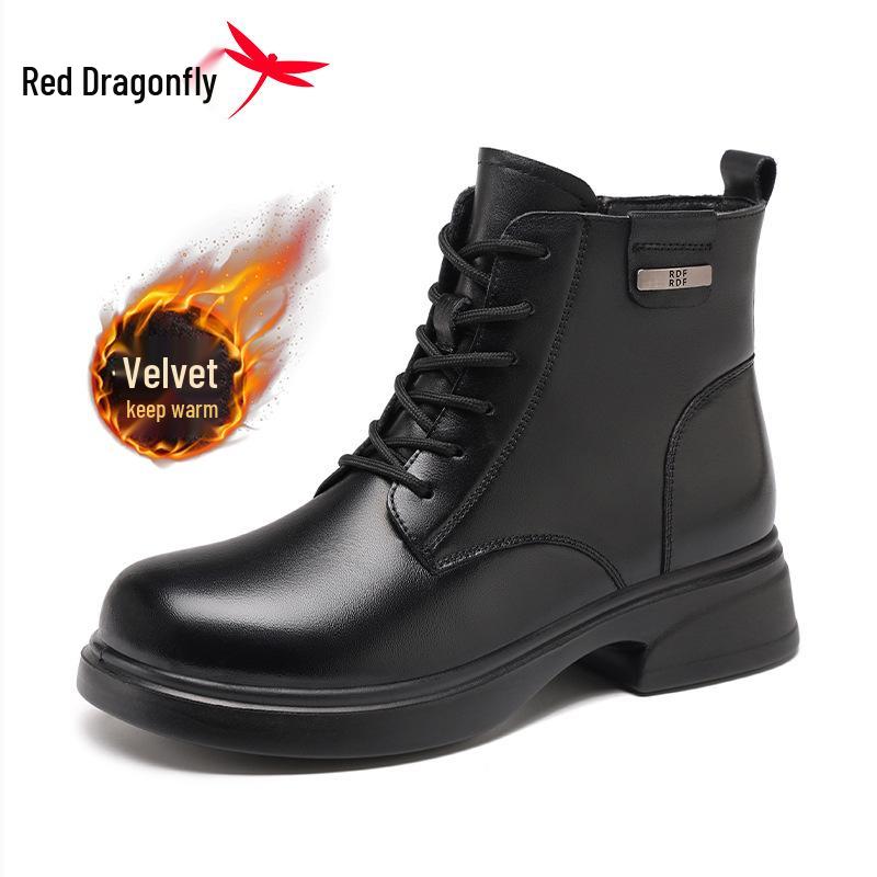 Red Dragonfly Women s Genuine Leather Mid-Calf Winter Boots with Thick Sole and Plush Lining. Size 40
