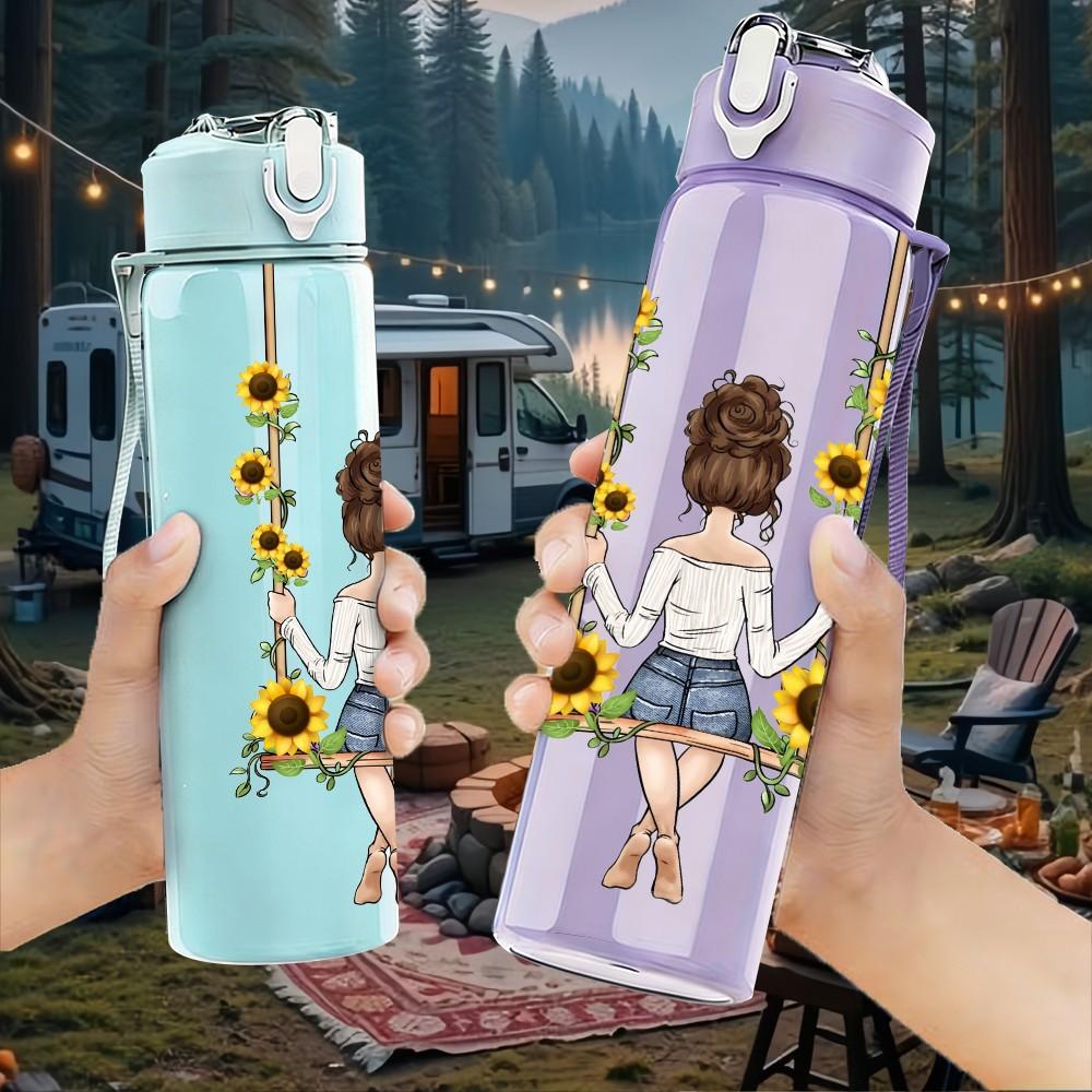 1PC Little Girl Swing Daisy Flower Field Art 750ml Color Plastic Sports Water Bottle Leakproof Flip Straw Lid Suitable for Sports Office Home Use