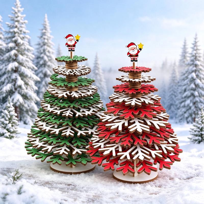 1Pcs Assemble Detachable Colorable Wooden Christmas Tree Diy 3D Snowflake Tabletop Ornament Christmas Decor Holiday Gift