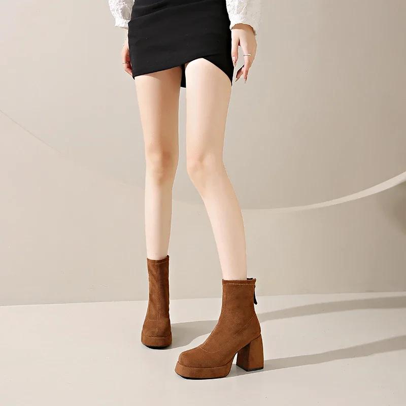Women's Fashion High-heeled Boots Winter New British Style Soft Sole Anti-slippery Versatile Keep Warm Leather Shoes