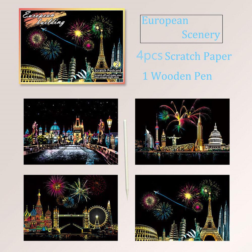 20*14cm DIY Night Scene Painting Scratch Colorful Drawing World Attractions Series For Child Adult Decompression Gift Home Decor