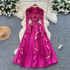 European and American high-end foreign style suit collar long-sleeved double-breasted waist splicing ruffle edge pleated long dress