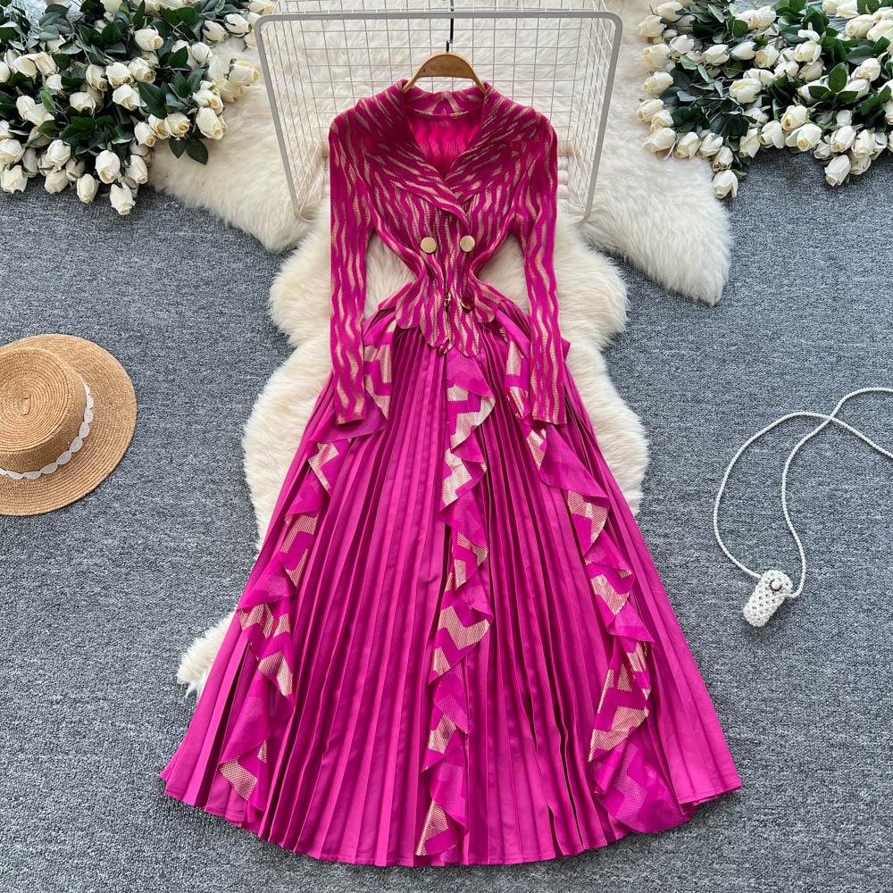 European and American high-end foreign style suit collar long-sleeved double-breasted waist splicing ruffle edge pleated long dress