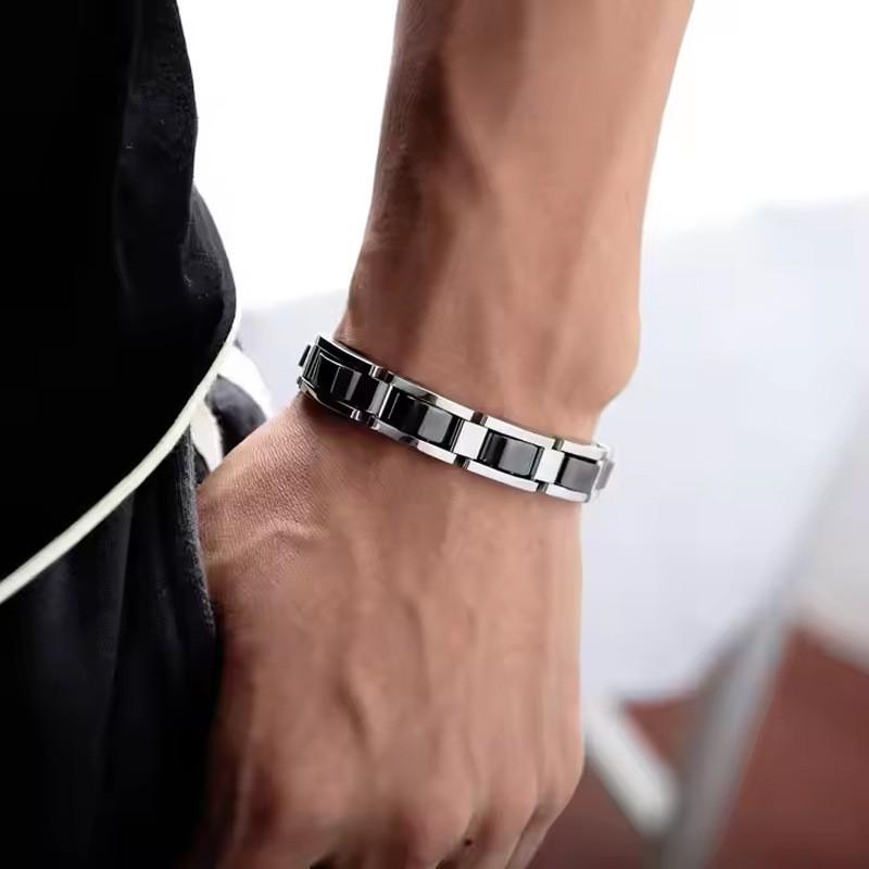 Mens Minimalist Magnetic Titanium Steel Bracelet With Removable Black Hematite Beads Geometric Design