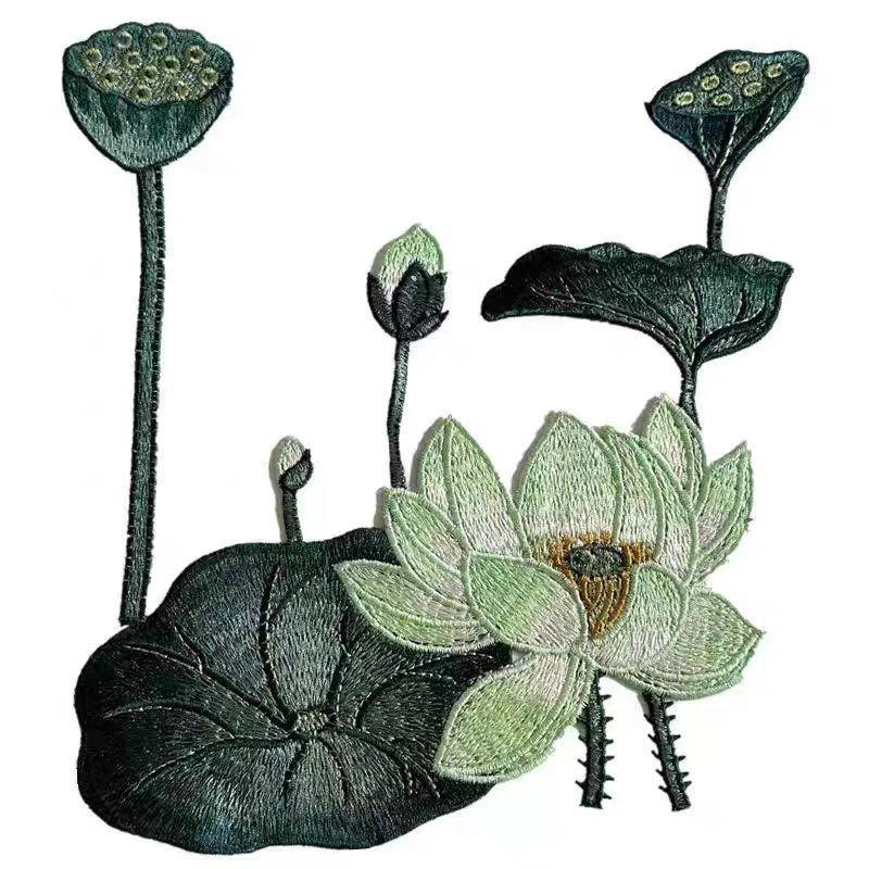 2Pcs/Set Sew On Applique Decoration Handmade DIY Chinese Style Green Big Lotus Flower Leaf Embroidered Patches For Clothing