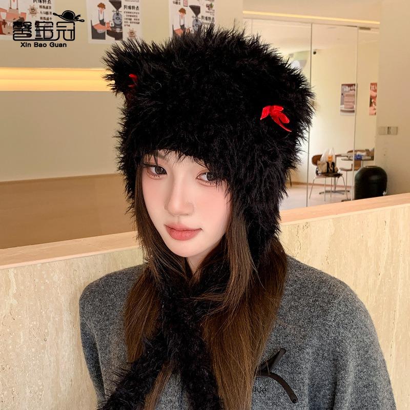 Plush Ear Caps Children Cute Cat Ear Bows Autumn and Winter Cold and Warm Knitted Wool Pullover Hat