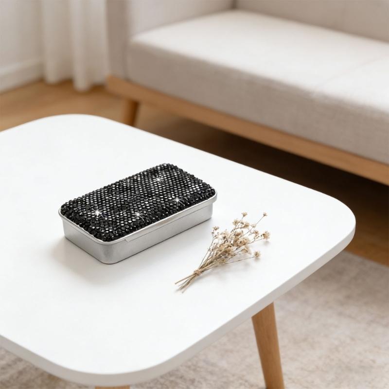 Metal Storage Holder With Glittering Diamonds Smooth Sliding Cover Designs Storage Stylish Accessory