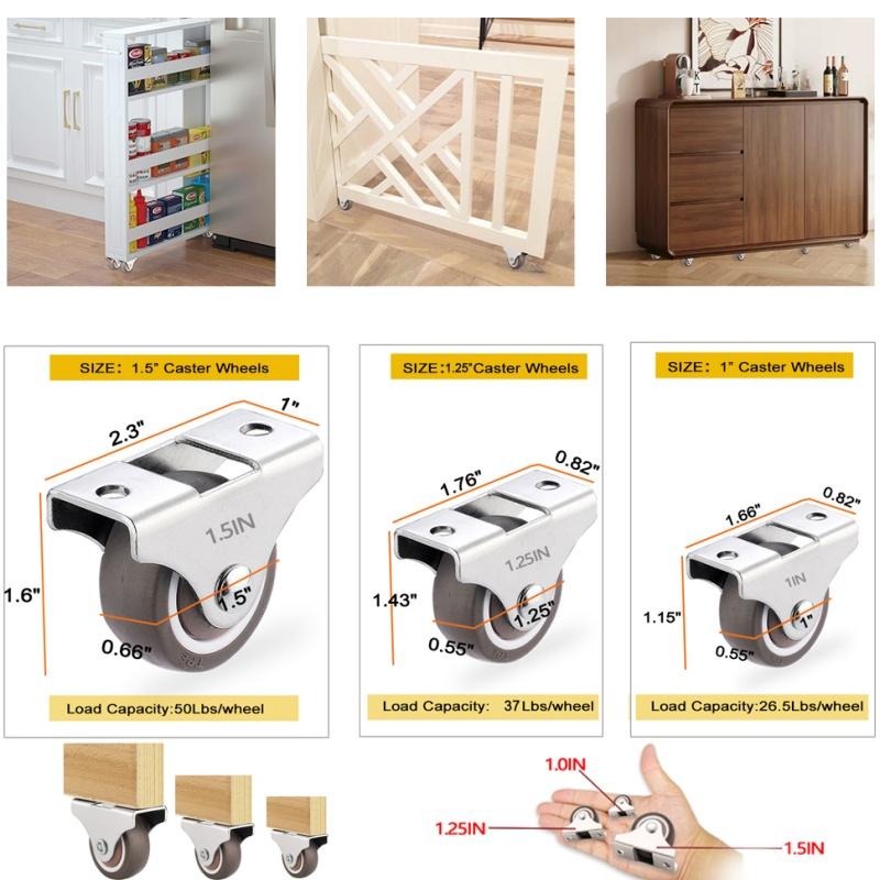 4/8Pcs Mini Rigid Caster Wheels,Small Low Profile Rubber Rolling Wheel Castors Sliding Door Pulley for Furniture,Storage Drawers
