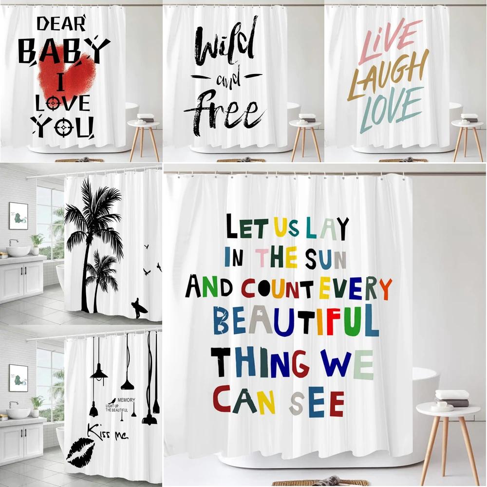 Baifenbai Home Furnishing White Nordic Minimalist Art Word Shower Curtain Minimalist Printed Bathtub Shower Curtain Waterproof Bathroom Curtain Decoration