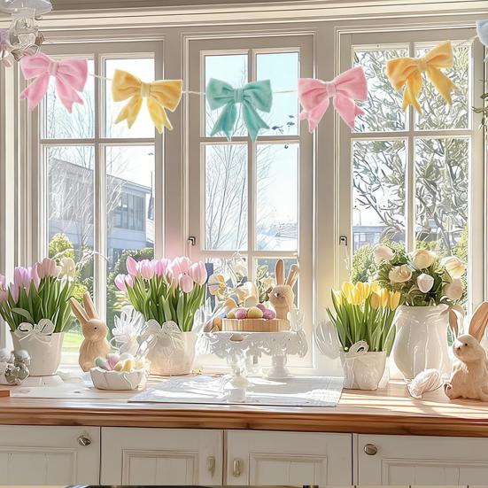 Easter Pastel Bow Garland Banner Spring Velvet Bow Garland Decoration for Table Door Mantel Window Wall Easter Party Supplies