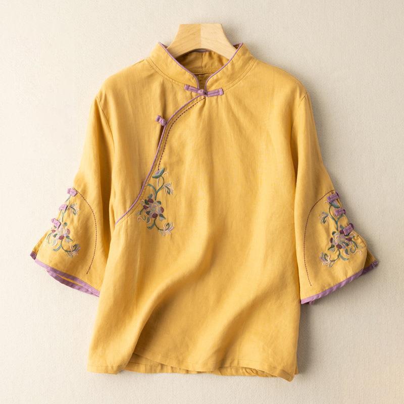 Cotton and Linen Medium-sleeved Embroidery Oblique Placket Disc Buckle Ethnic Style Retro Shirt Female Spring and Summer New Models